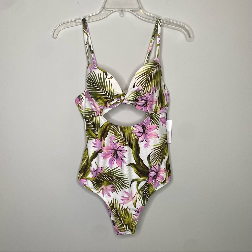 NWT Shade & Shore Swimsuit Sz 34A Cutout Tropical Palm Floral Sexy Low Coverage